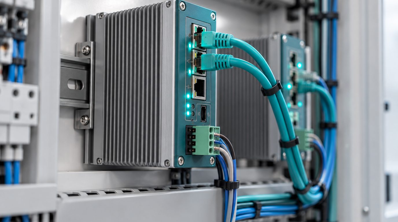 A compact fanless industrial computer on a DIN rail inside a neat electrical cabinet with teal status lights