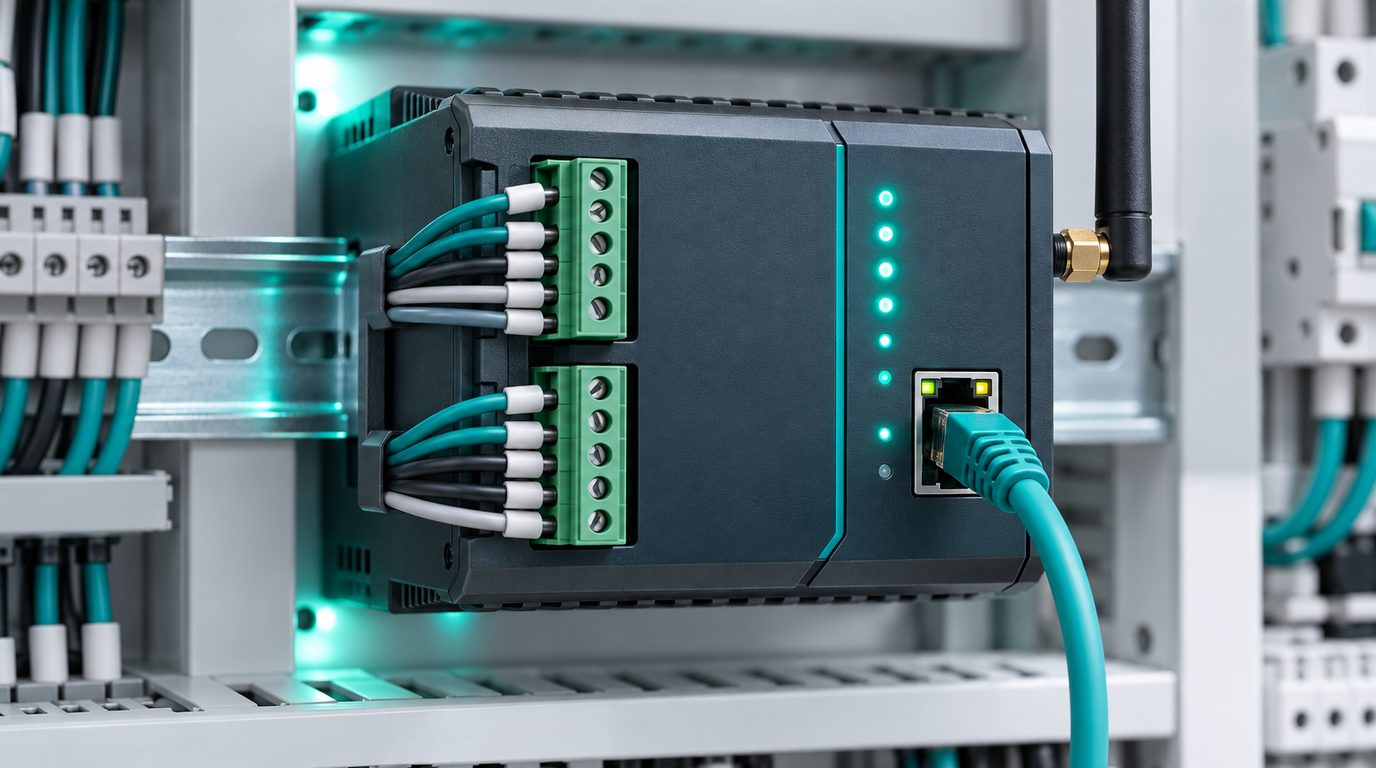 A DIN-rail IoT gateway inside a building control cabinet with RS-485 terminals and an Ethernet patch cable