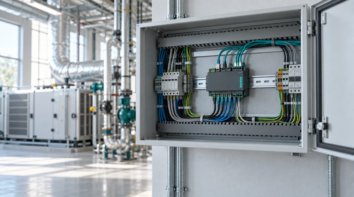 A DIN-rail IoT gateway at the centre of an open building control cabinet, field cables running in from both sides and teal status lights glowing