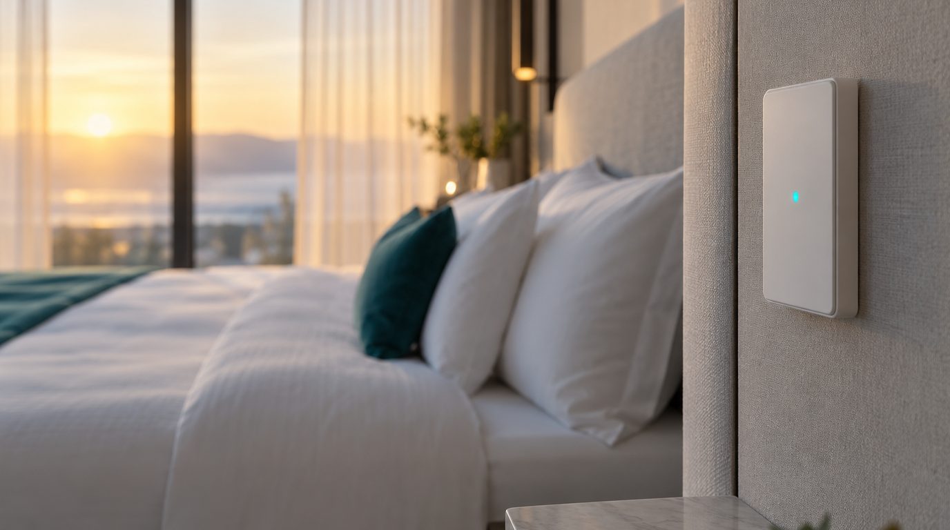 A modern hotel room with a slim white wall-mounted room controller beside the bed